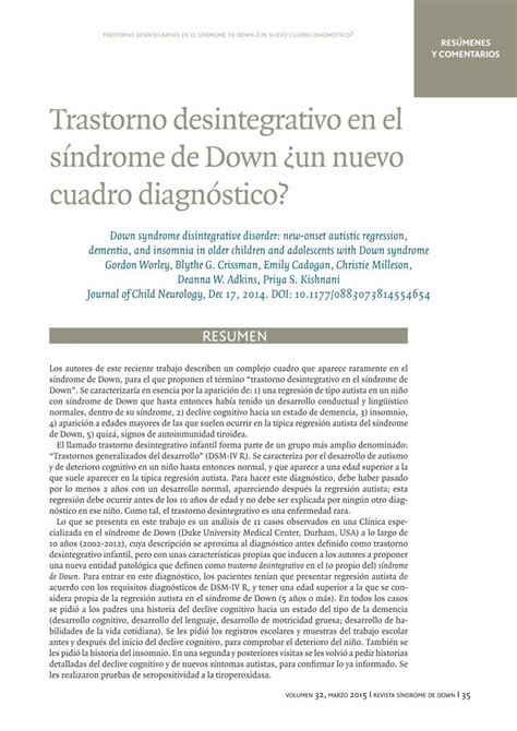 Pdf Trastorno Desintegrativo En El S Ndrome De Down Un Nuevo