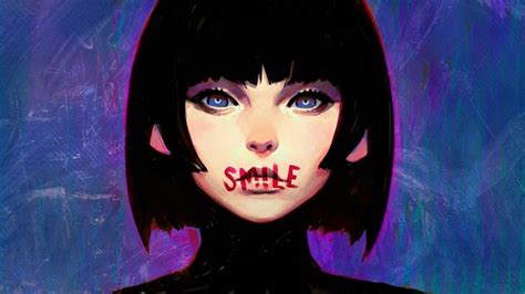 Anime Girls Blue Eyes Blue Background Short Hair Ilya Kuvshinov Black Hair Hd Wallpaper