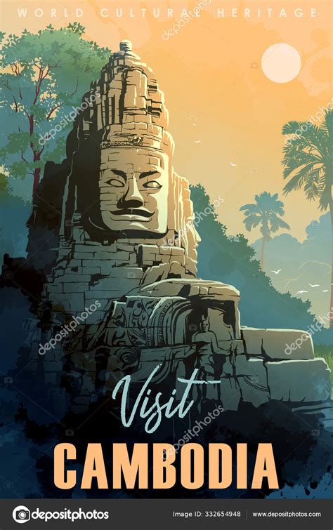 Buddha Temple In Angkor Wat Cambodia Vintage Travel Poster Stock