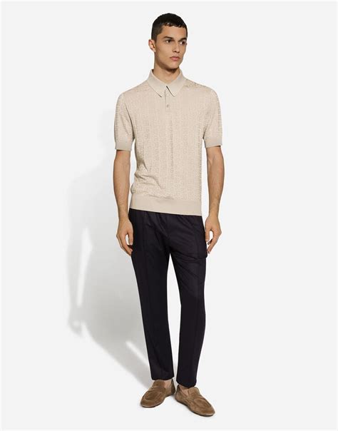 Silk Jacquard Polo Shirt With Dg Logo In Beige For Men Dolceandgabbana® Us