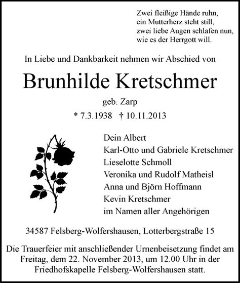 Traueranzeigen Von Brunhilde Kretschmer Trauer HNA De