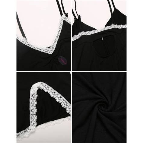 Womens Sexy Lace Babydoll Lingerie V Neck Sleeveless Adjustable Straps Side Slit Dress Black