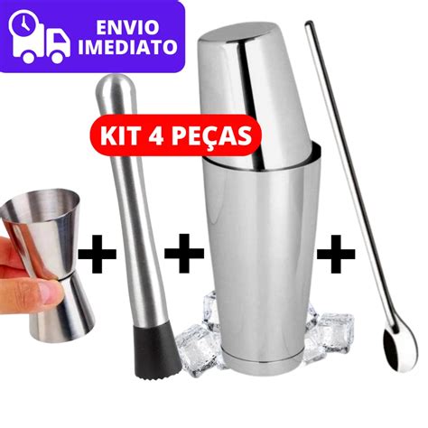 Kit Coqueteleira Inox Profissional 2 Copos Boston Dosador Socador E