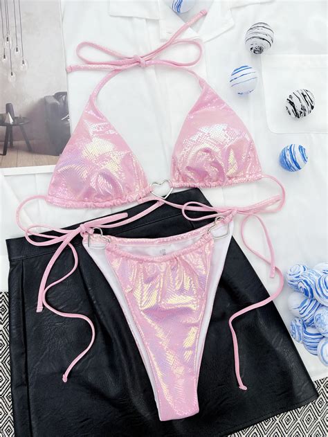 New Shiny Love Metal Halter Mini Pink Bikini Female Swimsuit Women Swimwear Heart Ring Deco