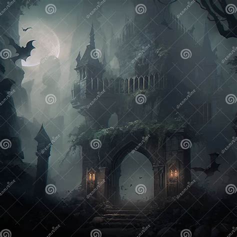 The Surroundings Of A Gloomy Gothic Castle In The Fog Stock