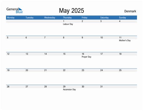Editable May 2025 Calendar with Denmark Holidays