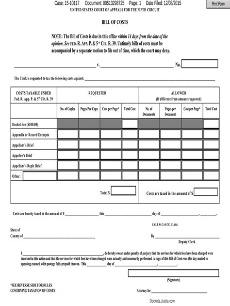 Fillable Online Bill Of Costs Note Fifth Circuit Court Of Appeals Fax