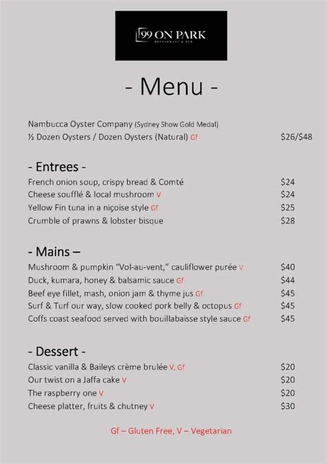 Restaurant Menu - 99 On Park