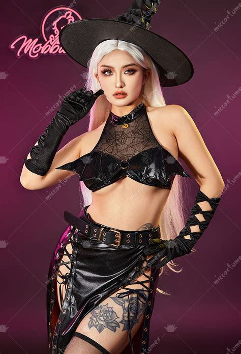 Halloween Gothic Pumpkin Witch Sexy Lingerie Set Halter Bat Wings Top And High Slit Skirt Set