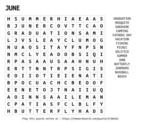 June Word Search Puzzles Printable