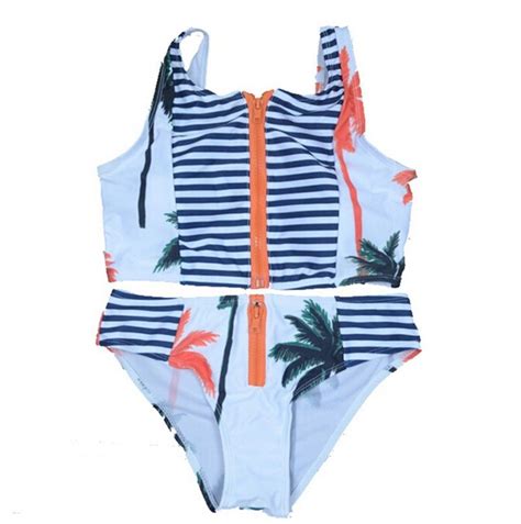 2021 Print Floral Palm Tree Bikini Set High Neck Tank Zipper Striped