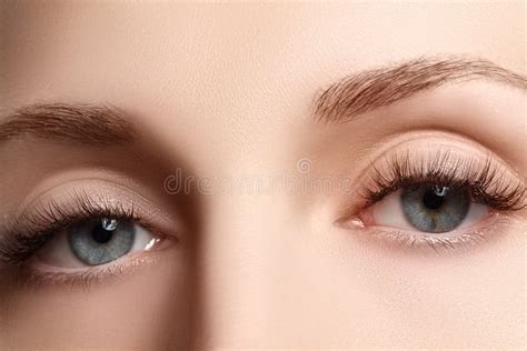 Macro Shot Of Woman S Beautiful Eye With Extremely Long Eyelashe Stock