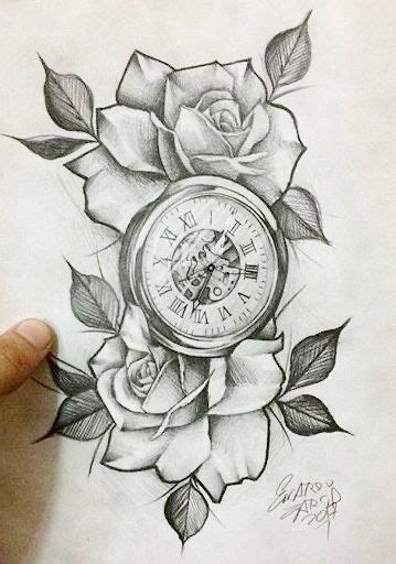 A Drawing Of A Rose With A Clock On It