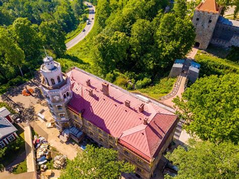 Aerial View On Beautiful Famous New Castle In Sigulda Latvia Editorial