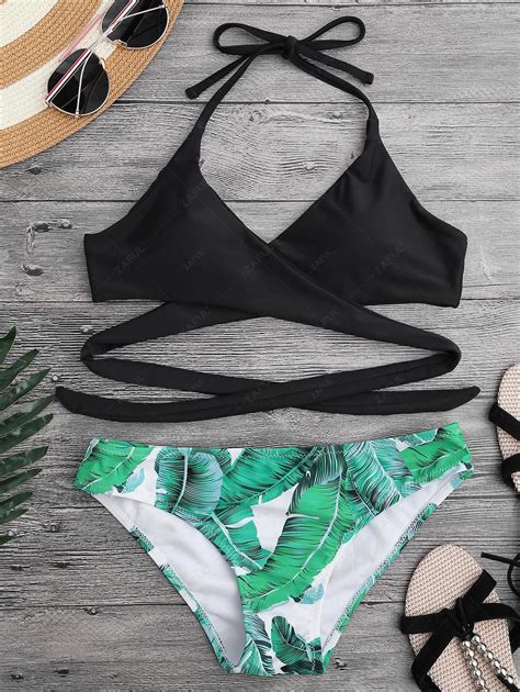 Off Padded Leaf Print Wrap Bikini Set In Black Zaful