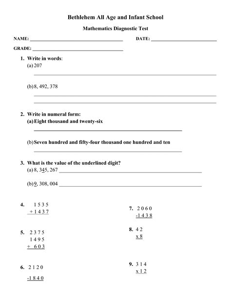 Diagnostic Test For Grade 2 Math