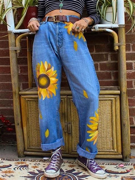 Womens Casual Print Washed Sun Flower Loose Jeans Fashioncamila