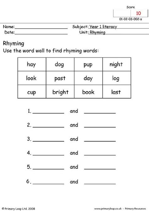 Literacy Rhyming Worksheet Primaryleap Co Uk In Rhyming