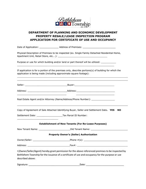 Bethlehem Township Pennsylvania Application For Certificate Of Use And Occupancy Property