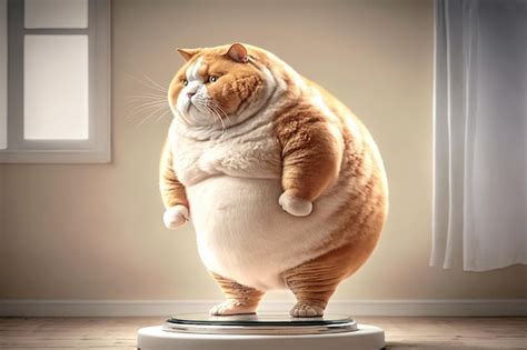 Premium Ai Image Fat Cat Standing On The Scales In A Bright Room Ai