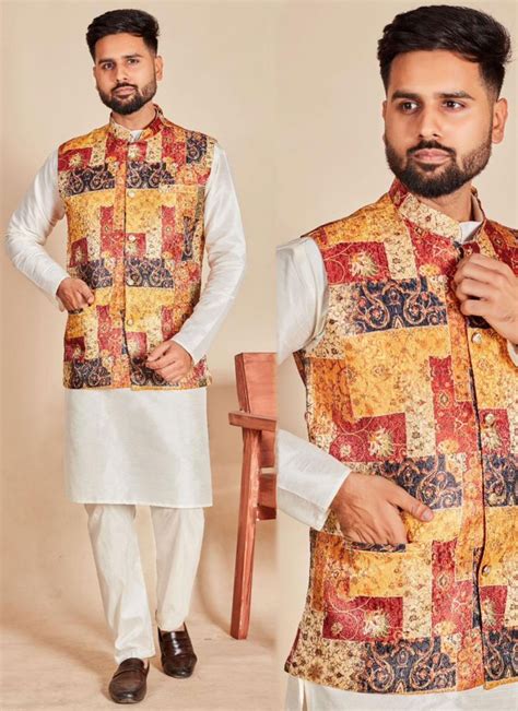 Kurta Payjama With Jacket In Multi Colour And Off White