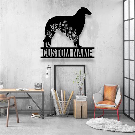 Custom Floral Borzoi Decorative Metal Wall Hangings Craft Name Sign