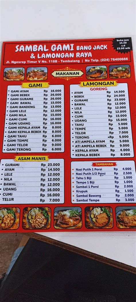 Menu At Sambal Gami Bang Jack Lamongan Raya Restaurant Semarang