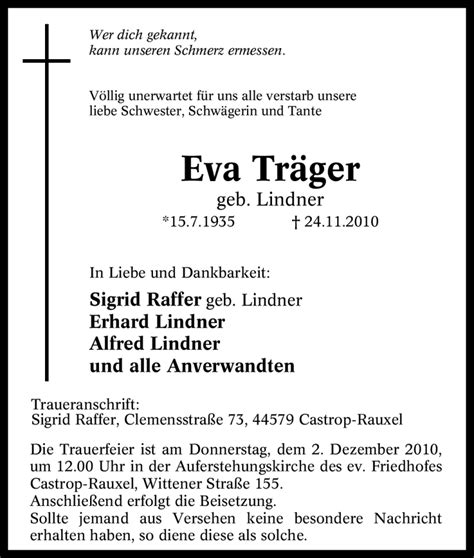 Traueranzeigen von Eva Träger Trauer in NRW de