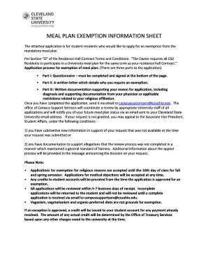 Fillable Online Meal Plan Exemption Information Sheet Dine On Campus