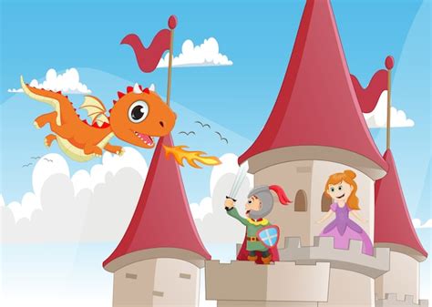 Ritter der einen Drachen kämpft um Prinzessin zu schützen