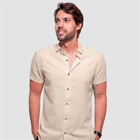 Camisa linho Natural Botão de Coco masculina Vista Oka