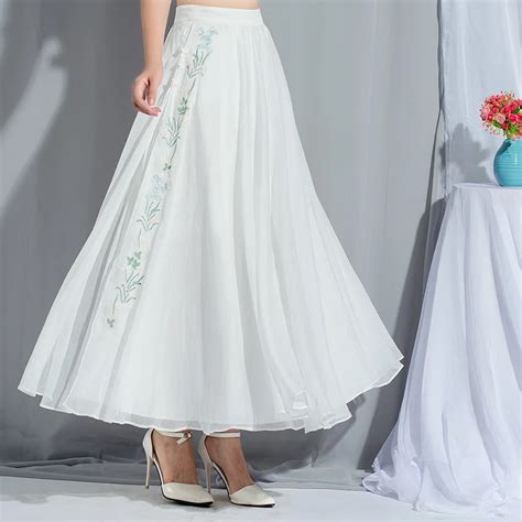 Embroidery Chiffon Skirts Womens Big Swing Spring Summer White Skirt Jupe Femme Chinese Style