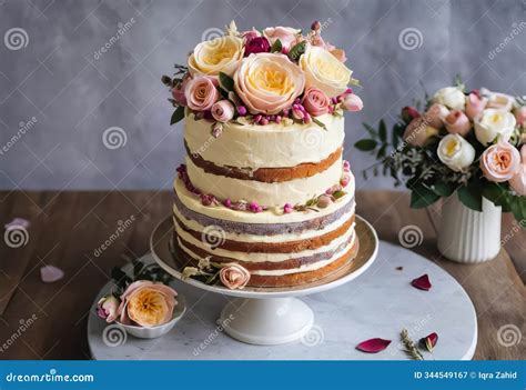 A Beautiful Naked Cake With Buttercream Flowers And Rose Petals On Top Stock Illustration