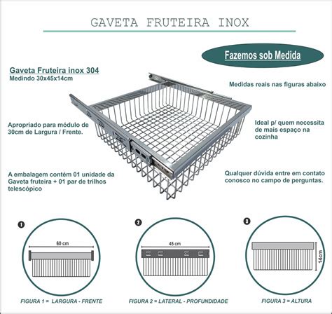 Gaveta MDF fruteira 60x45x14 inox mód 60cm embutir Elegance Inotec