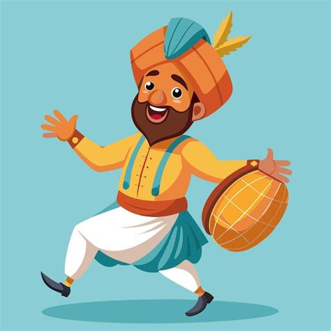 Punjabi Man Dancing With Traditional Instrument Vector Cartoon