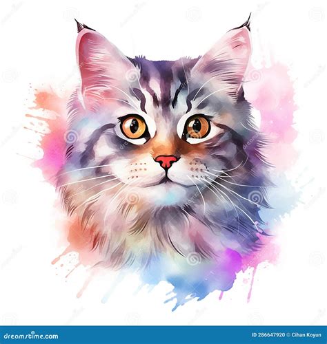 Playful Watercolor Cat Drawing on a White Canvas Stock Illustration - Illustration of look ...