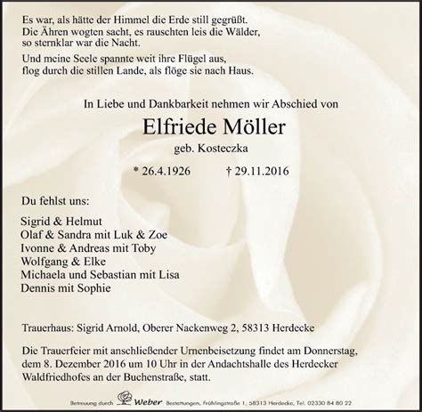 Traueranzeigen von Elfriede Möller Trauer in NRW de