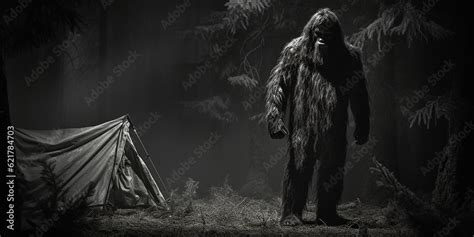 Black And White Portrait Of A Bigfoot Wood Ape In A North American