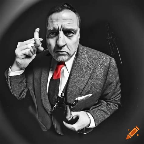 Black and white photograph of a vintage mafia man with a thompson ...