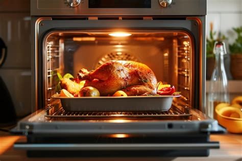 Premium Photo | Crispy roasted chicken in the mini oven in the kitchen
