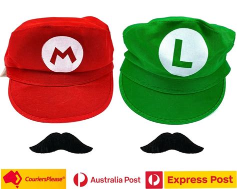 Super Mario Luigi Hat And Moustache Plumber Bros Party Dress Up Red Green