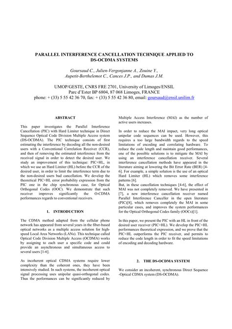 Pdf Parallel Interference Cancellation Technique Applied To Ds Ocdma