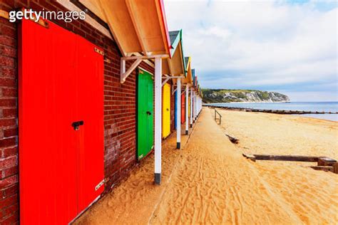 Colourful Wooden Beach Huts Promenade Beach Swanage Dorset England Uk