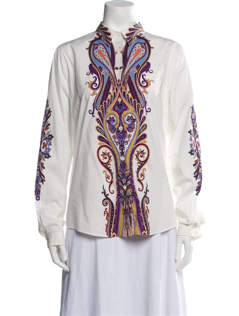 Etro Printed Long Sleeve Button Up Top White Tops Clothing