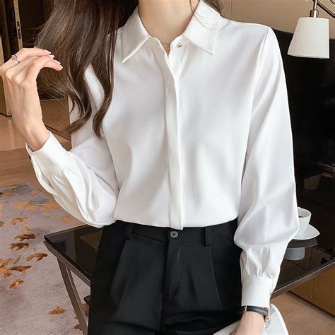 White shirt women's business attire with hidden buttons for workplace interview formal wear with ...