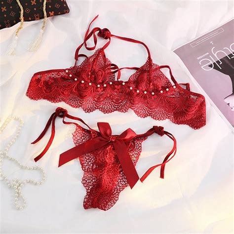 Jual Wanita Lingerie Sexy Renda Bra Cross Halter V Neck Transparan Lingerie Set G String B