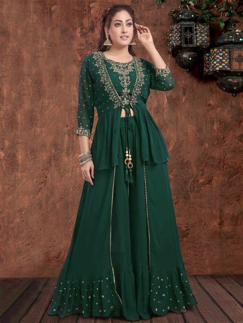 Dark Green Georgette Crop Top With Palazzo And Long Peplum Style Jacket