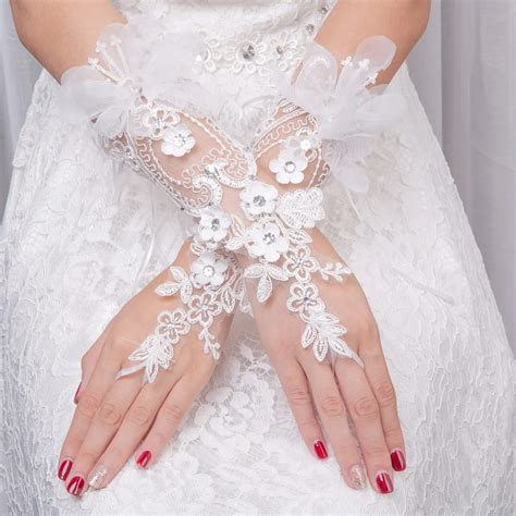 White Lace Gloves For Bridal Opera Length Appliques Beads Wedding