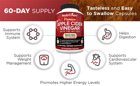 Nutrivein Apple Cider Vinegar Capsules With Mother 1600mg 120 Vegan Pills