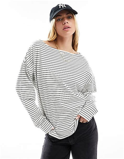 Asos Design Slash Neck Long Sleeve Stripe T Shirt In Black And White Asos